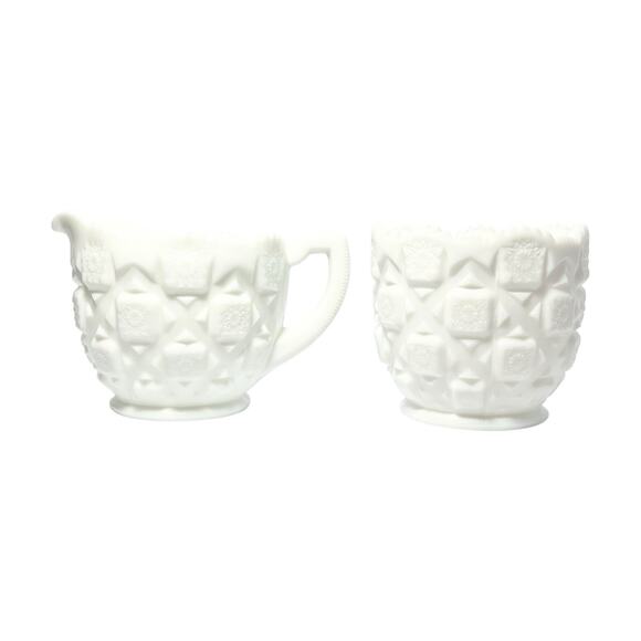 Westmoreland “Old Quilt” Milk Glass Creamer 3 7/8” 12oz & Open Sugar Bowl 3 3/4” - Picture 1 of 8